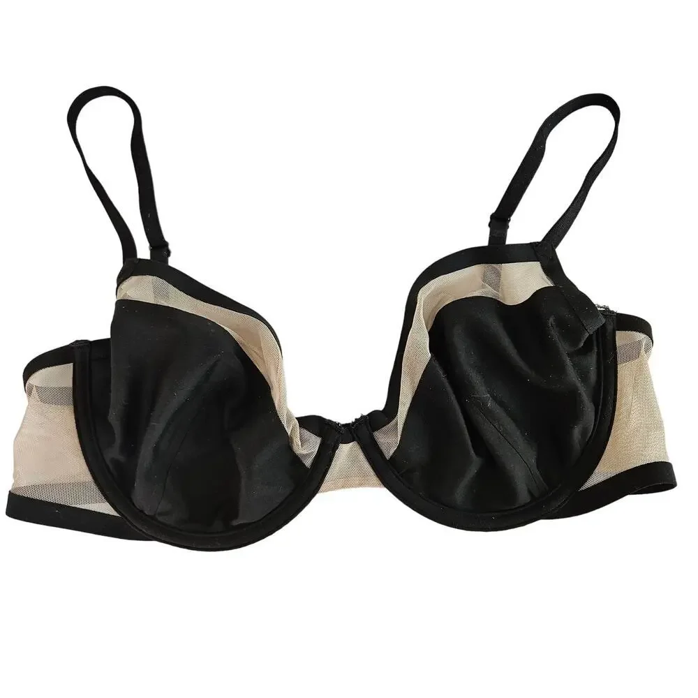 Victoria's Secret Unlined Demi Bra 34DD‎ Black Nude Mesh
